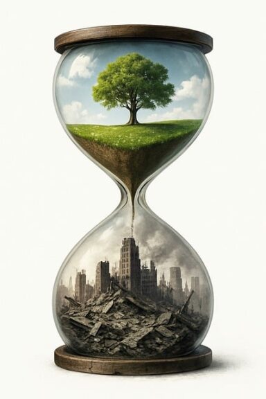 The Art Of Nodding While Internally Screaming: Dealing With Climate Change Denialists Hourglass with before climate change on top and a destroyed city on the bottom.