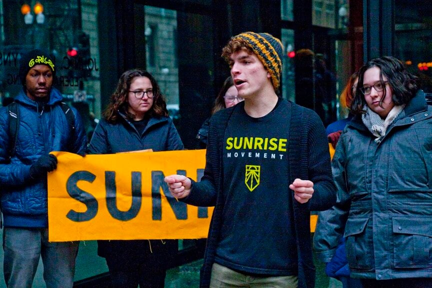 New York Climate Activists Are A Key Part Of Zohran Mamdani’s Mayoral Campaign Sunrise movement protest