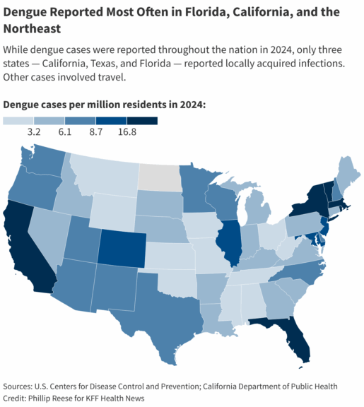 Map of the united states showing where dengue cases are reported.