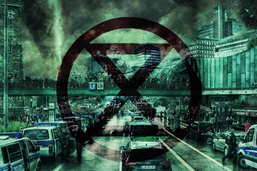 The Art Of Nodding While Internally Screaming: Dealing With Climate Change Denialists Climate change denialism dirty, grungy, smog-filled city with 2 lanes of traffic. A visual of how fossil fuels worsen climate change.