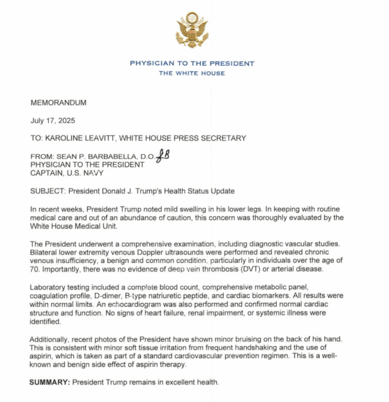 A doctor’s note explaining the bruises on Trump’s hands.