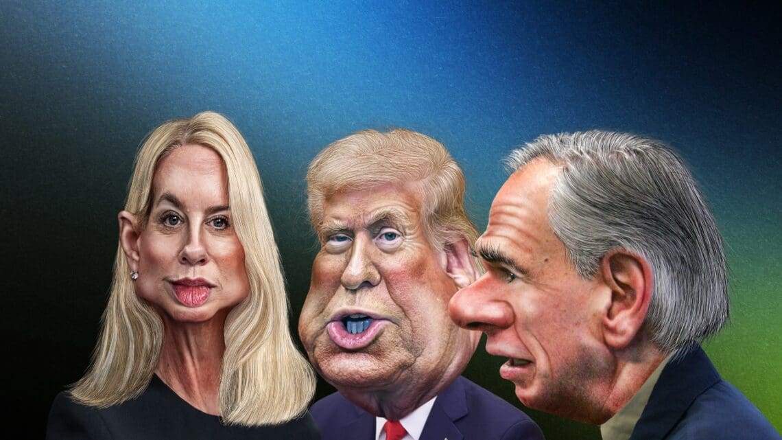 The Texas Redistricting Fight: Backdrop For The New Trump Legal Strategy Caricatures of pam bondi, trump, and greg abbott