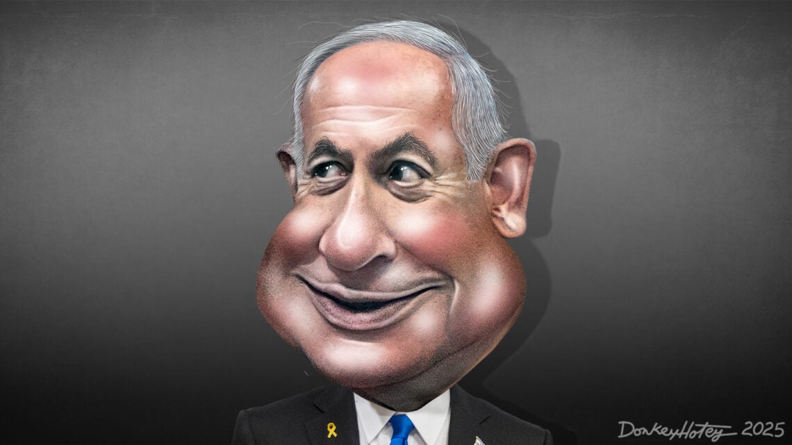 Netanyahu Backs Idea Of Greater Israel, Which Includes Parts Of Jordan, Egypt Caricature of benjamin netanyahu smiling about greater israel