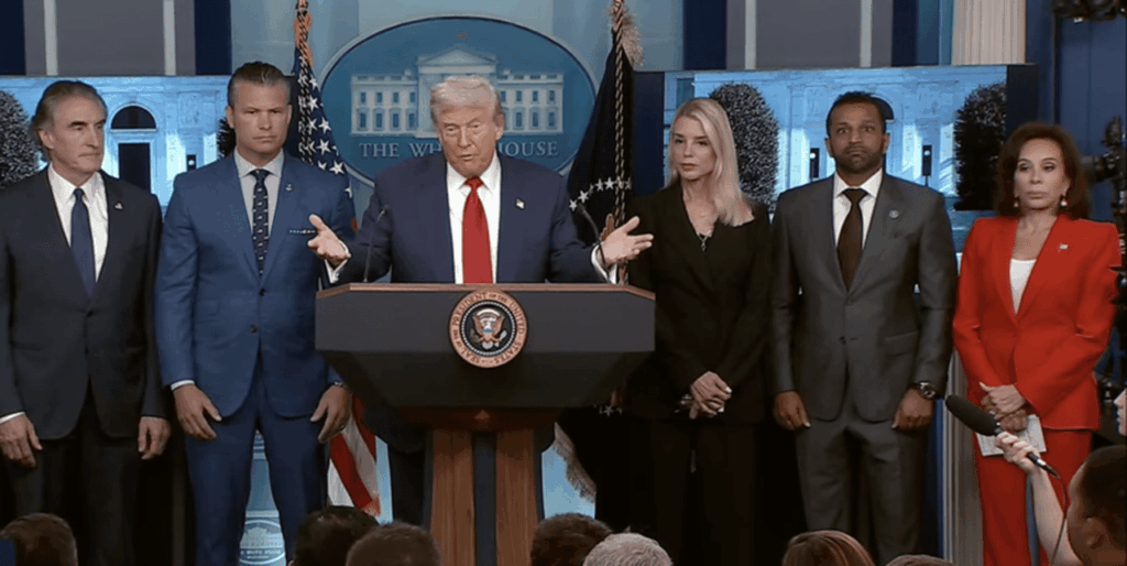 President trump and members of his administration at a white house press conference conto announce trump is going full fascist and taking over u. S. Cities