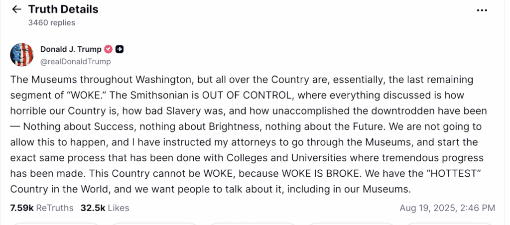 Screenshot if trump's post about smithsonian