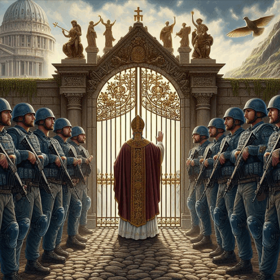 The pooe standing at a gate with soldiers lined on each side