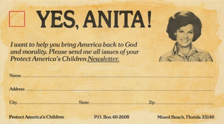 Christian nationalism in history: fundraising card used by anita bryant to support save our children. Many of their strategies were embraced by the moral majority, established two years later